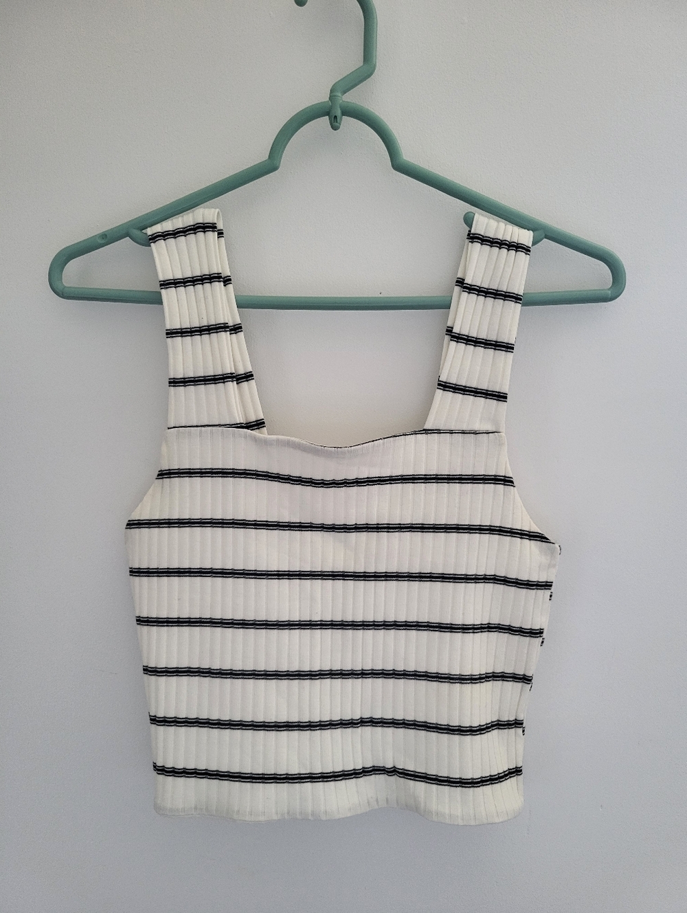 American Eagle Outfitters White and Black Striped Ribbed Square-Neck Tank